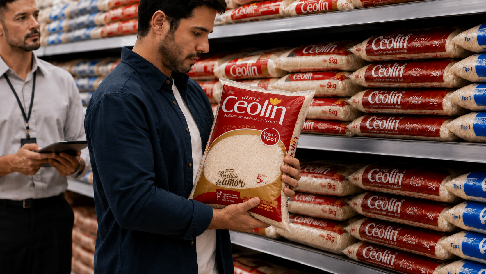 Cliente segurando Arroz Ceolin de 5 kg diante de gôndola com Ceolin, Qualité Premium e Qualité Classic